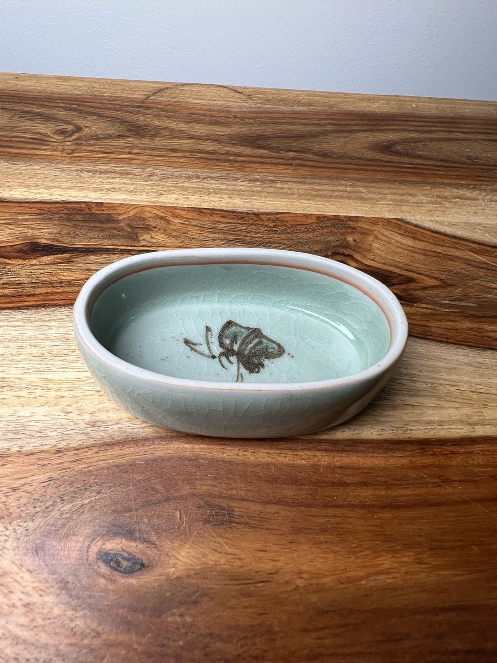 Vintage Celadon Green Oval Ceramic Dish - Decorative Butterfly Made in Thailand